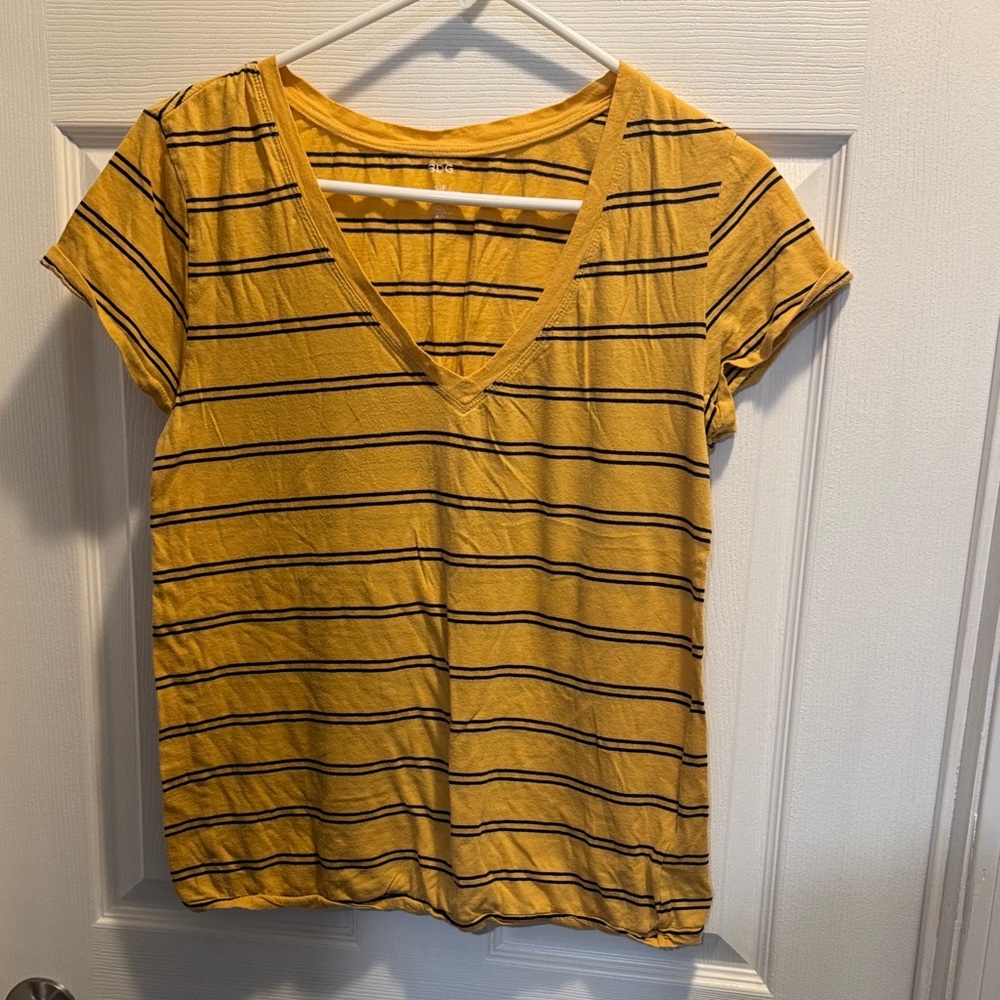 BDG Mustard and Navy Striped V-Neck Tee